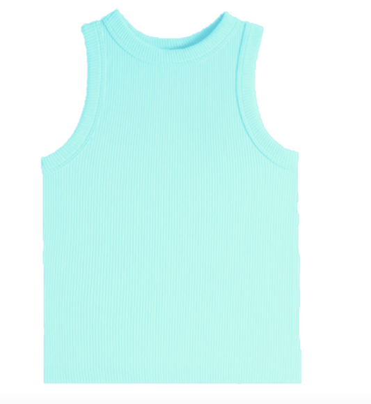 High Neck Ribbed Seamless Tank in Aqua