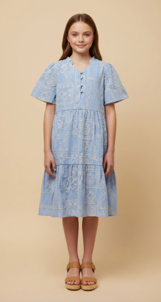Girls Crochet Quilted Button Detail Dress