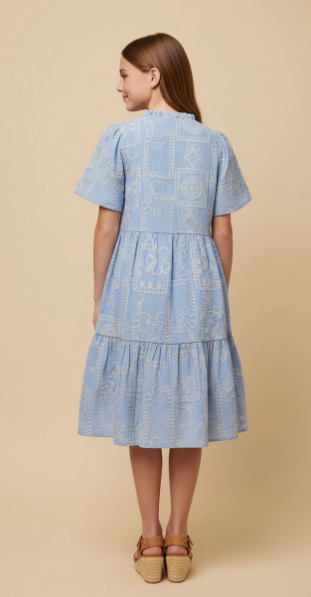 Girls Crochet Quilted Button Detail Dress