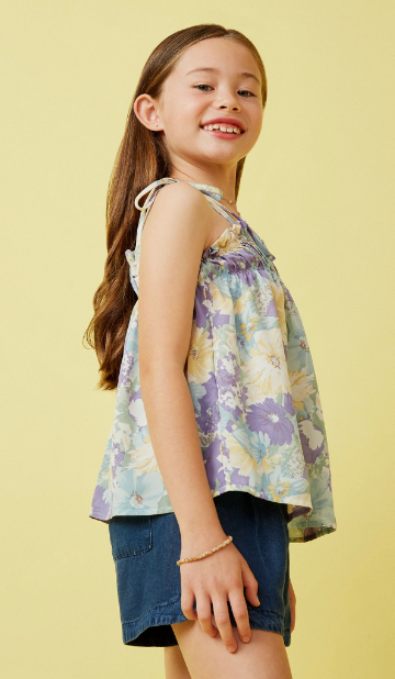 Girls Soft Floral Ruffled Bodice Tank