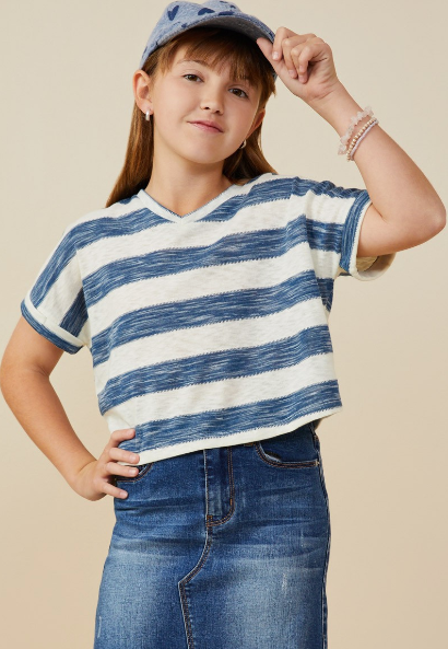 Girls Heathered Stripe V Neck Knit Top in Denim