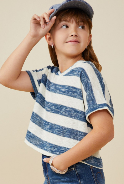 Girls Heathered Stripe V Neck Knit Top in Denim