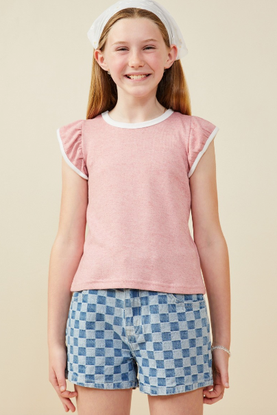 Girls Heathered Contrast Piped Ruffle Top in Pink