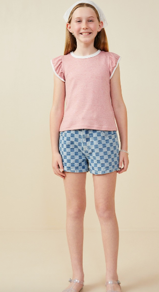 Girls Heathered Contrast Piped Ruffle Top in Pink