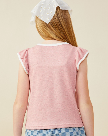 Girls Heathered Contrast Piped Ruffle Top in Pink