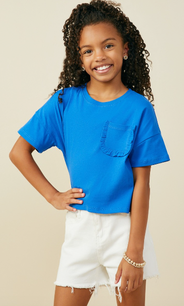 Girls Ruffle Pocket Knit T Shirt in Blue