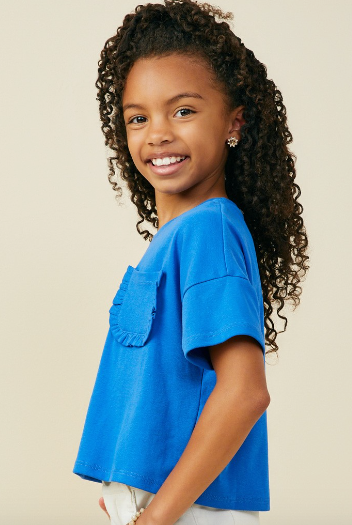 Girls Ruffle Pocket Knit T Shirt in Blue