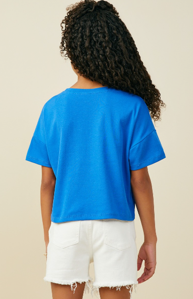 Girls Ruffle Pocket Knit T Shirt in Blue