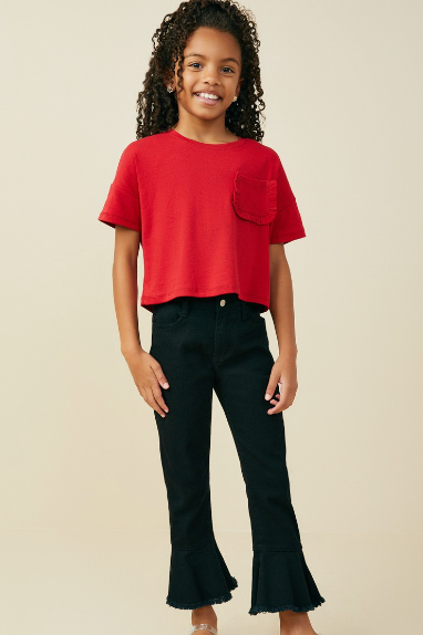 Girls Ruffle Pocket Knit T Shirt in Red