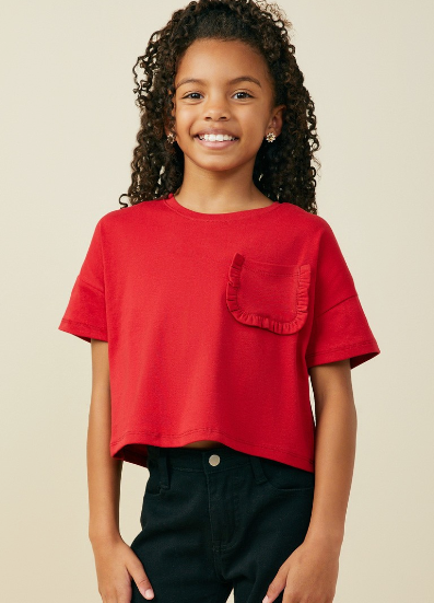 Girls Ruffle Pocket Knit T Shirt in Red