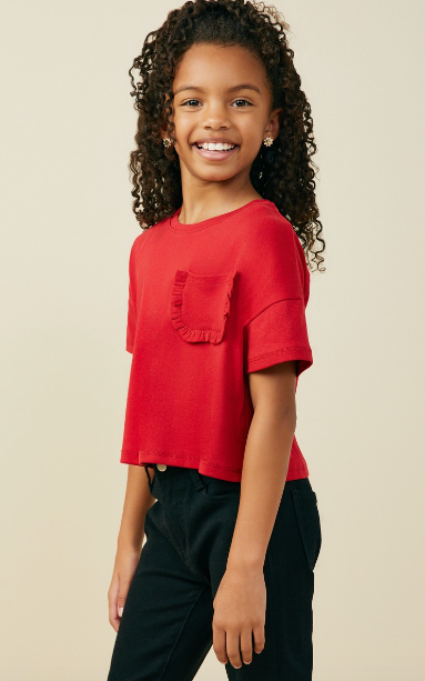 Girls Ruffle Pocket Knit T Shirt in Red