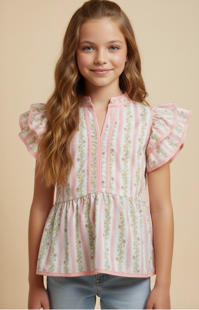 Girls Floral Striped Ruffle Shoulder Top