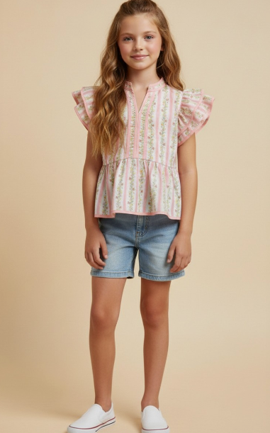 Girls Floral Striped Ruffle Shoulder Top