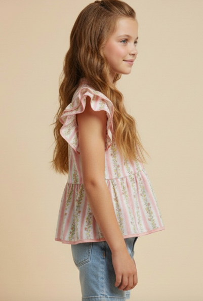 Girls Floral Striped Ruffle Shoulder Top