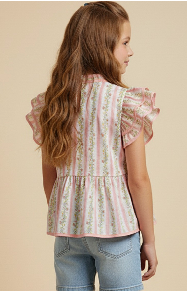 Girls Floral Striped Ruffle Shoulder Top