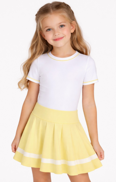 Little Girls Short sleeve and Pleated Skirt with Inner Short Set in White and Yellow