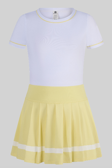 Little Girls Short sleeve and Pleated Skirt with Inner Short Set in White and Yellow