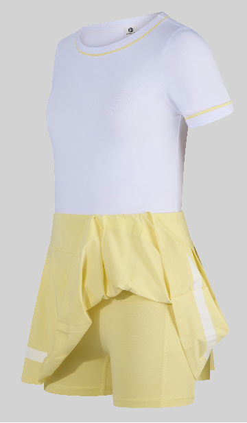 Little Girls Short sleeve and Pleated Skirt with Inner Short Set in White and Yellow