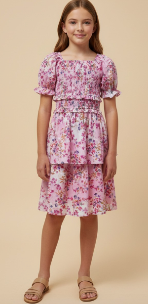 Girls Floral Smocked Square Neck Dress