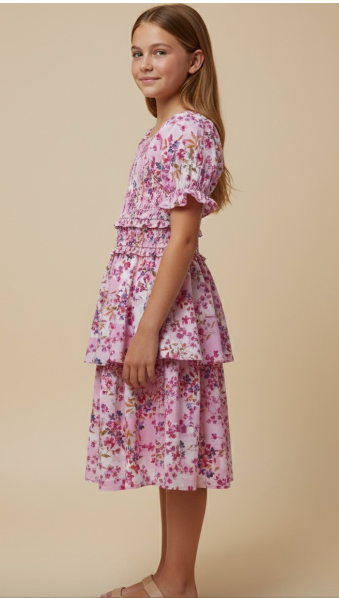 Girls Floral Smocked Square Neck Dress