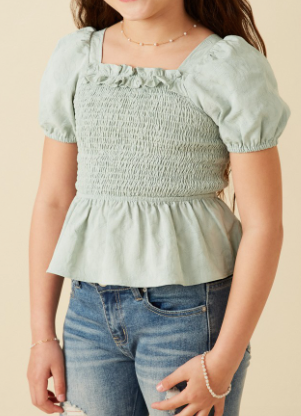 Girls Ruffle Detail Smocked Floral Embroidered Top in mint