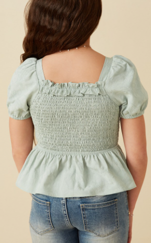 Girls Ruffle Detail Smocked Floral Embroidered Top in mint