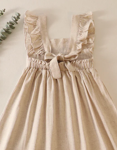 Beige Floral Embroidery Ruffle Linen Dress