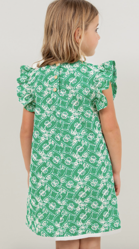 Embroidered Ruffle Sleeve Self Tie Ribbon Dress in Green
