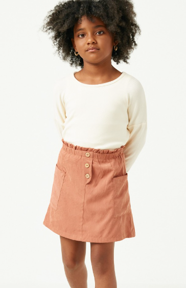 Girls Brushed Button Detail Patch Pocket Paper Bag Skirt in Mauve
