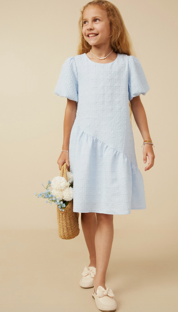 Girls Textured Puff Sleeve Asymmetric Hem Dress