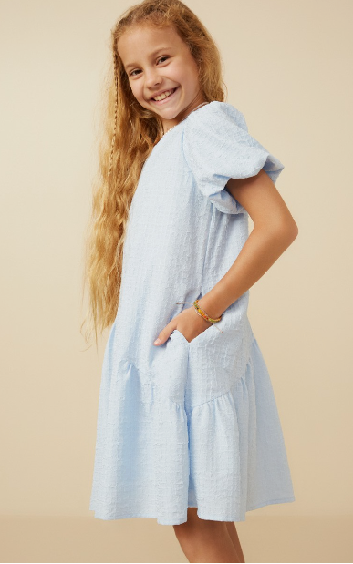 Girls Textured Puff Sleeve Asymmetric Hem Dress