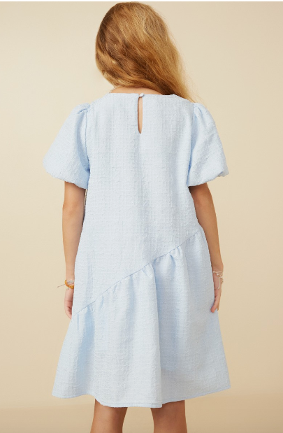 Girls Textured Puff Sleeve Asymmetric Hem Dress