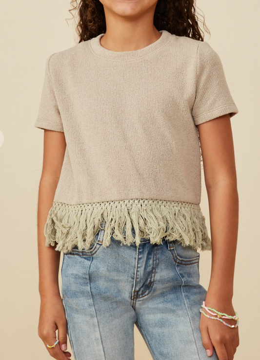 Girls Fringed Tassel Hem Textured Knit Top in tan