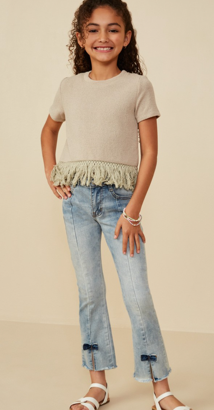 Girls Fringed Tassel Hem Textured Knit Top in tan