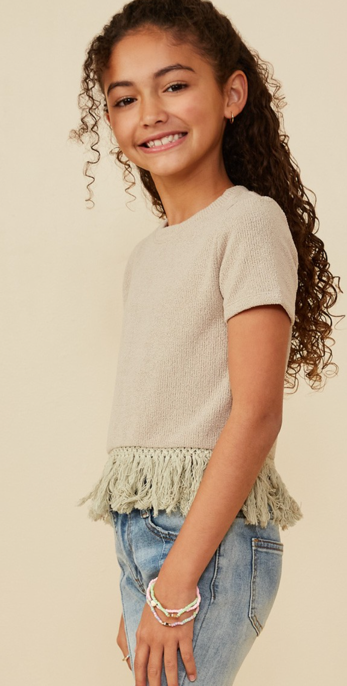 Girls Fringed Tassel Hem Textured Knit Top in tan