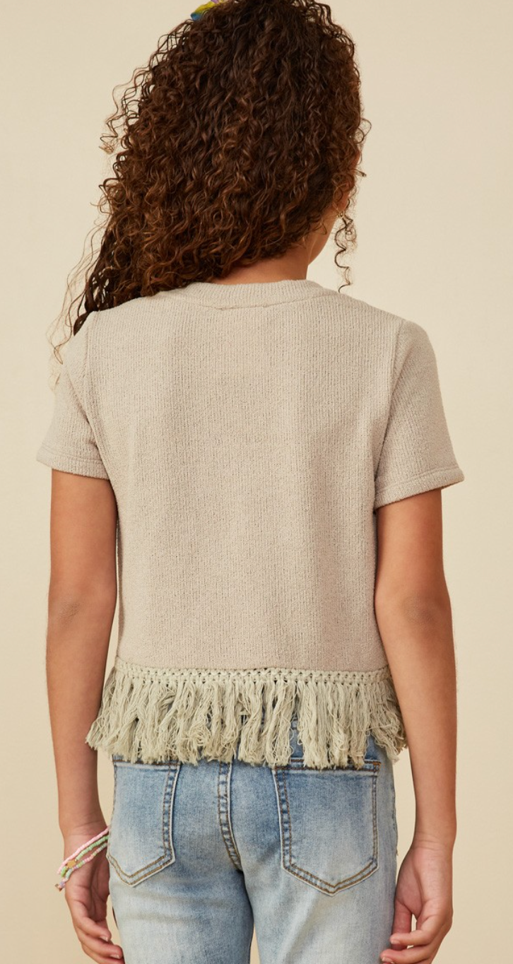 Girls Fringed Tassel Hem Textured Knit Top in tan