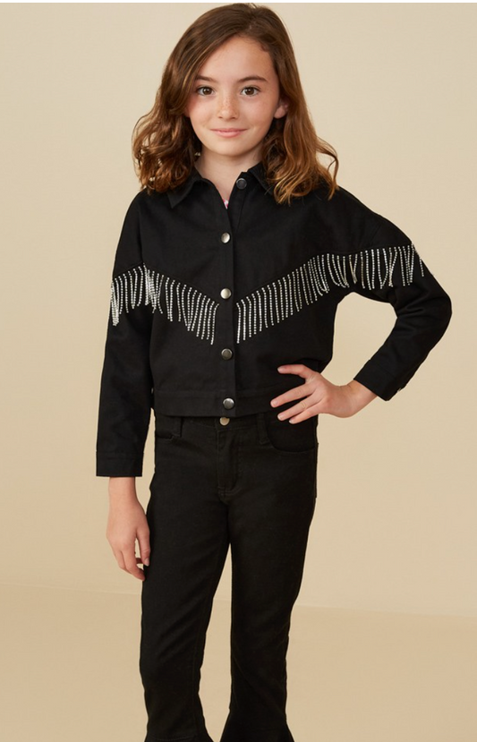 Girls Jeweled Fringe Detail Buttoned Jacket  in black