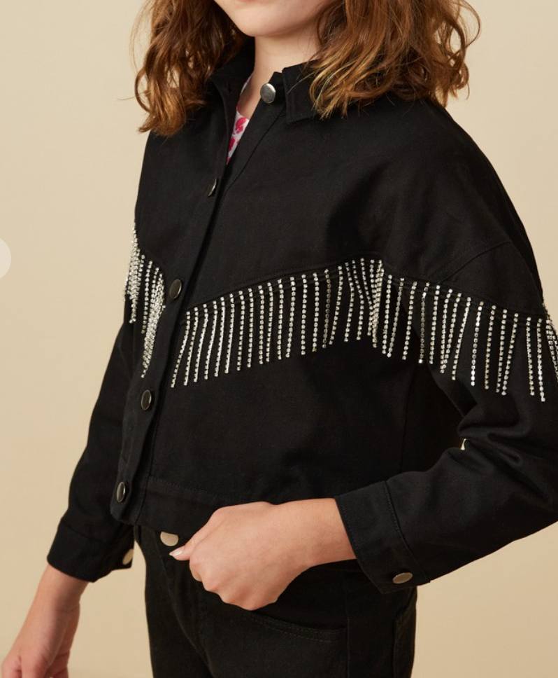 Girls Jeweled Fringe Detail Buttoned Jacket  in black