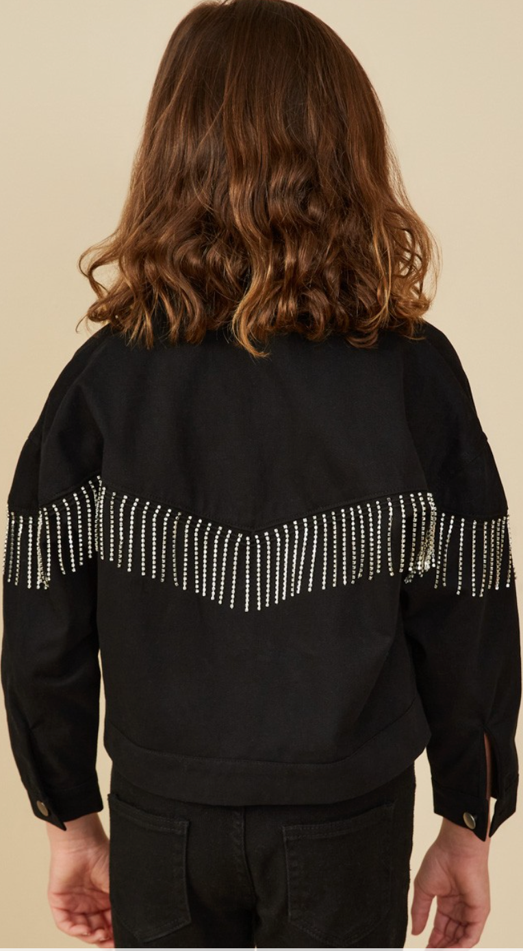 Girls Jeweled Fringe Detail Buttoned Jacket  in black