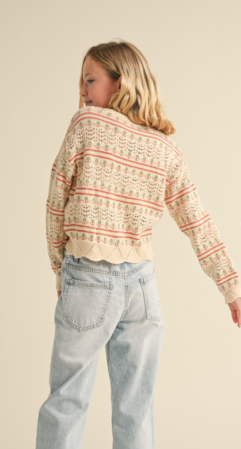 TWEEN KIDS GIRLS POINTELLE KNITWEAR PULL OVER in Ivory Terracotta Sage