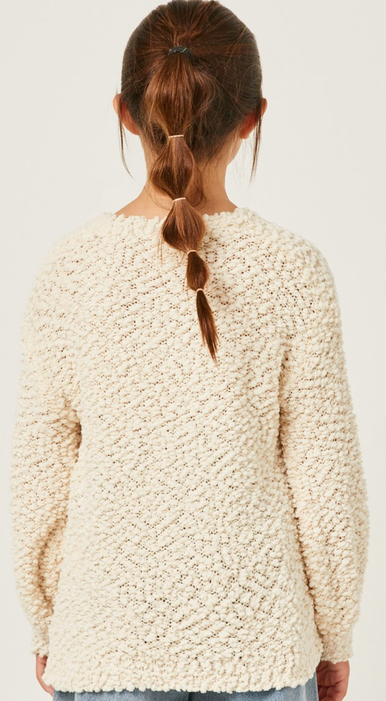 Girls Popcorn Knit Pullover Sweater in Cream