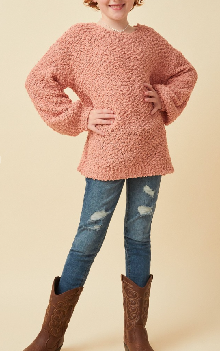 Girls Popcorn Knit Pullover Sweater in Mauve