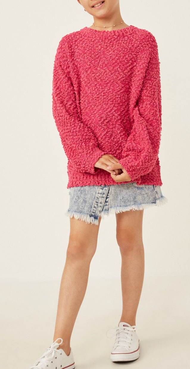 Girls Popcorn Knit Pullover Sweater in Fuchsia