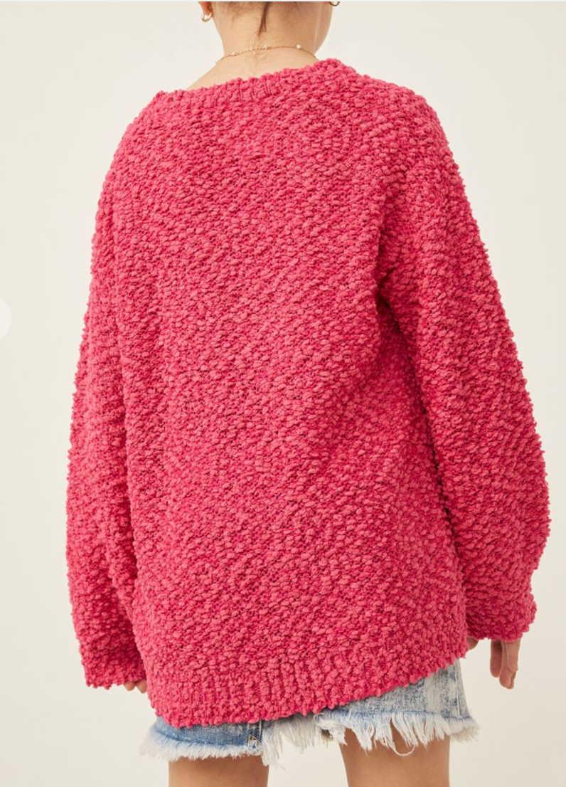 Girls Popcorn Knit Pullover Sweater in Fuchsia