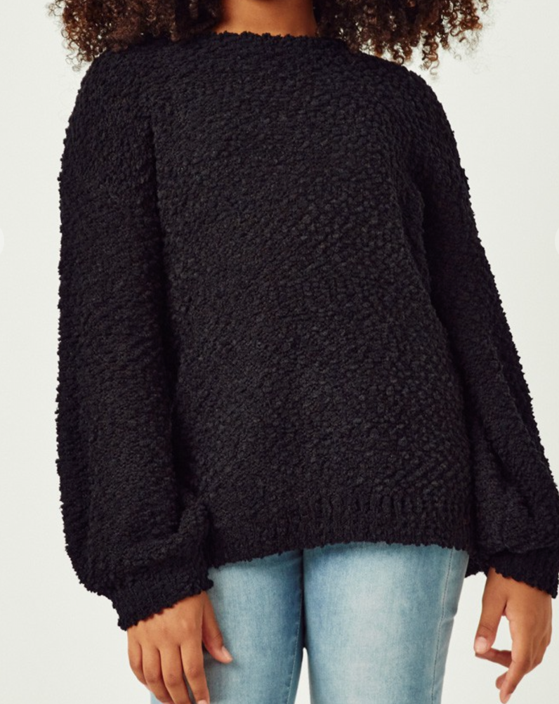 Girls Popcorn Knit Pullover Sweater in Black