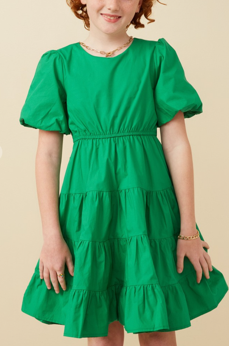 Girls Bow Back Puff Sleeve Poplin Dress in Green