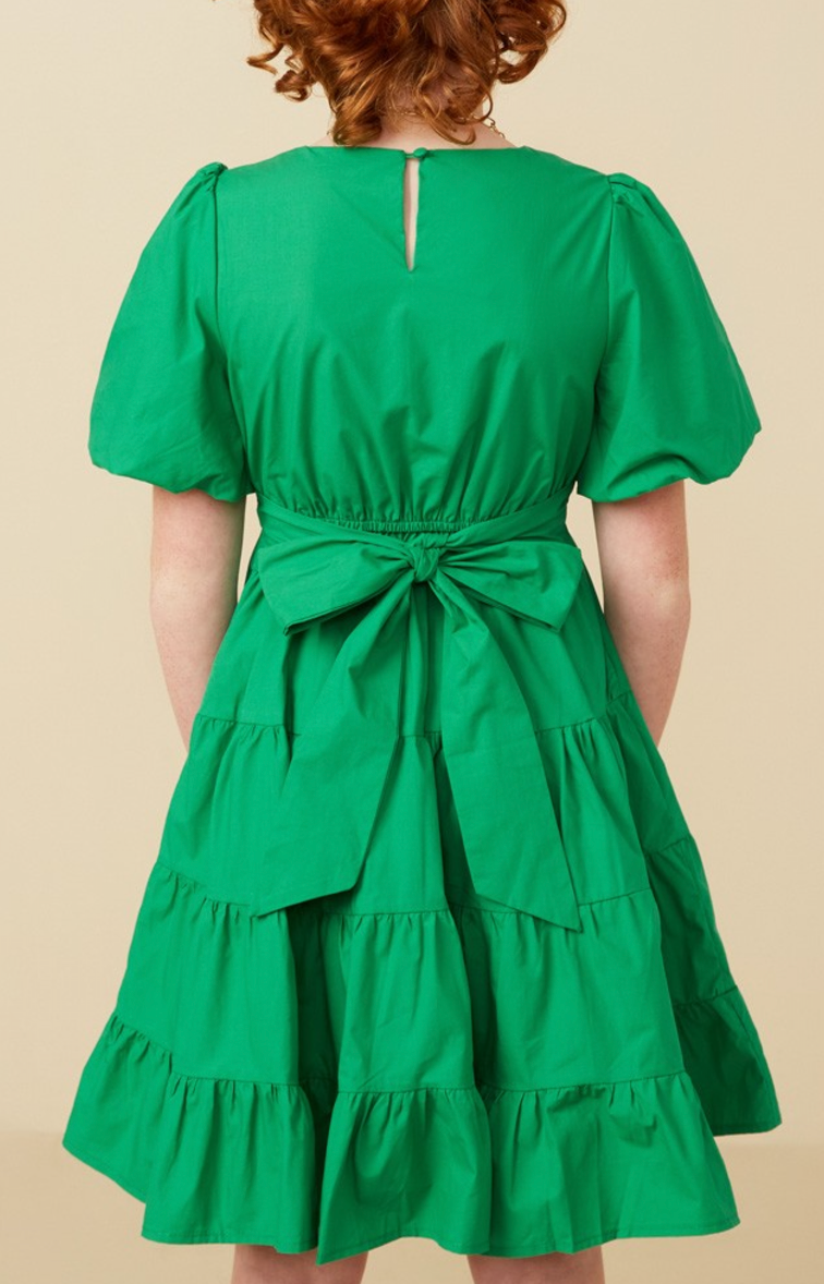 Girls Bow Back Puff Sleeve Poplin Dress in Green