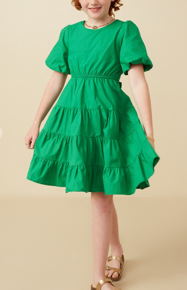 Girls Bow Back Puff Sleeve Poplin Dress in Green