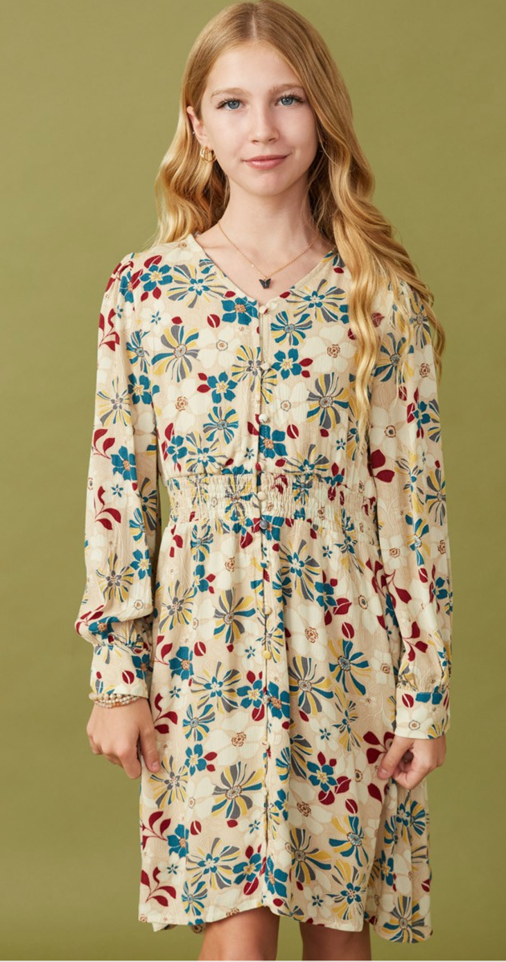 Girls Floral Print Button Up V Neck Smock Dress