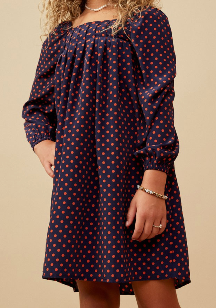 Polka Dot Print Square Neck Long Sleeve Dress